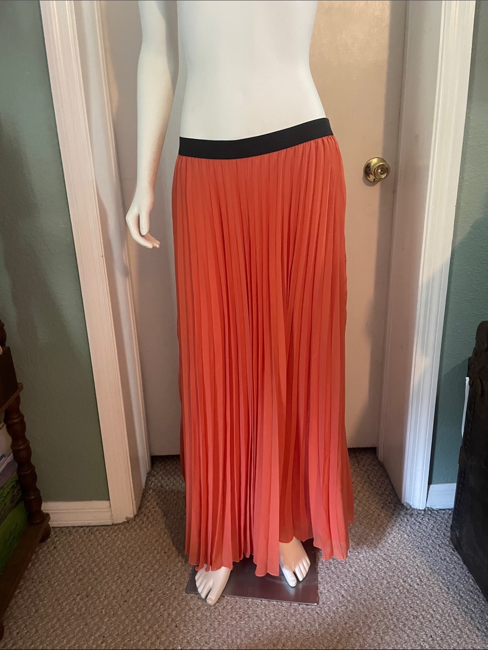 WD.NY Coral Pleated Maxi Skirt with Black Waistband
